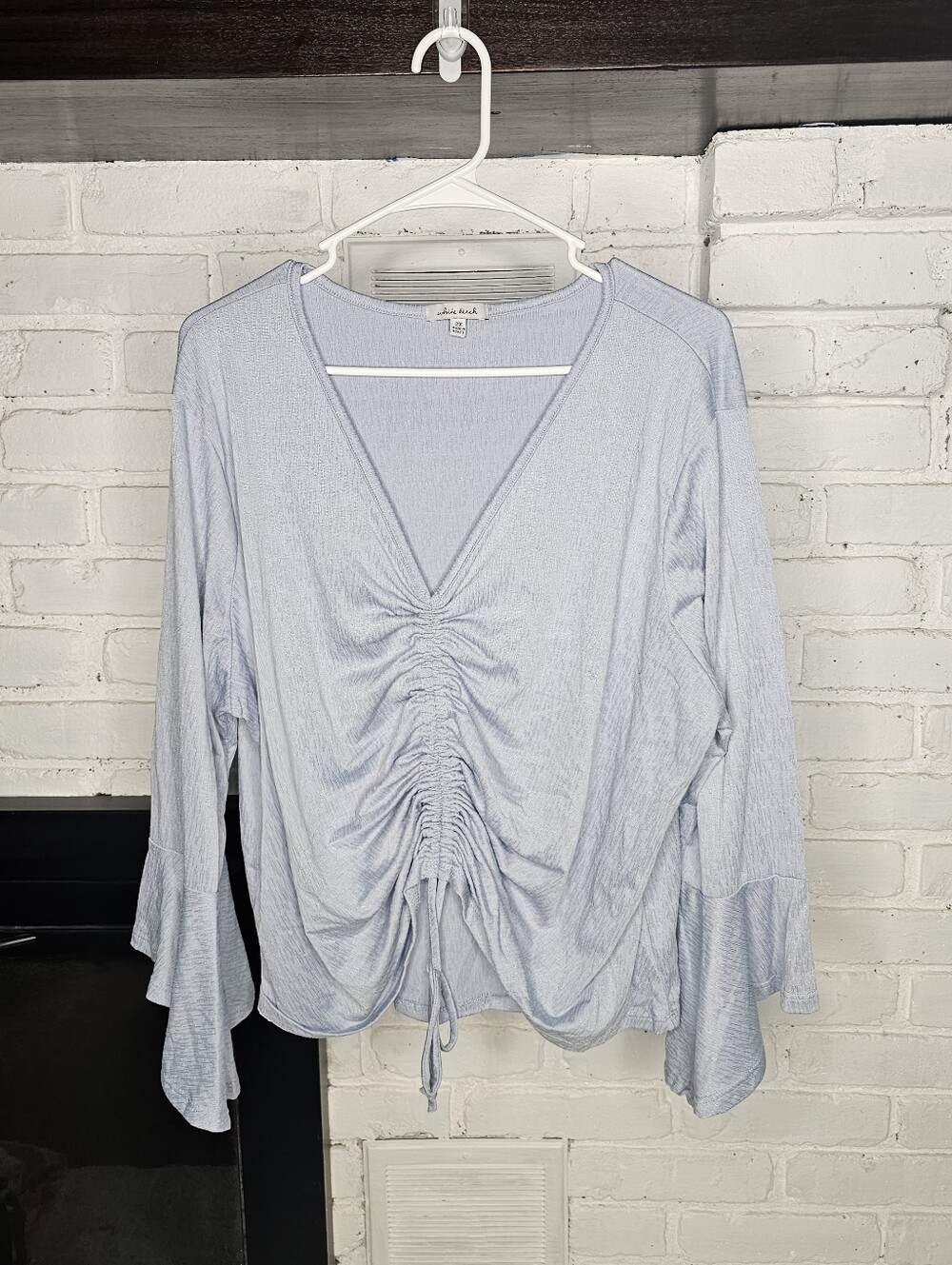 white birch Light Blue Ruched V-Neck Drawstring Blouse